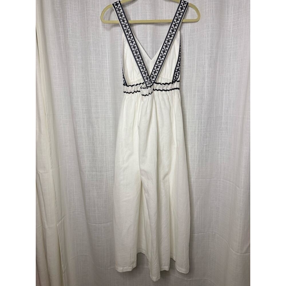 J. Crew White Navy Blue Embroidered Maxi Dress V-Neck Sleeveless Flowy Like New - Picture 3 of 10